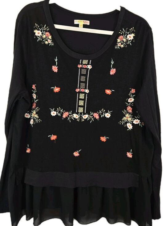 Mimi & Daphne Tops - Mimi & Daphne Embroidered Floral Peasant Top XL Hippie Boho Coquette Sheer Ruffl
